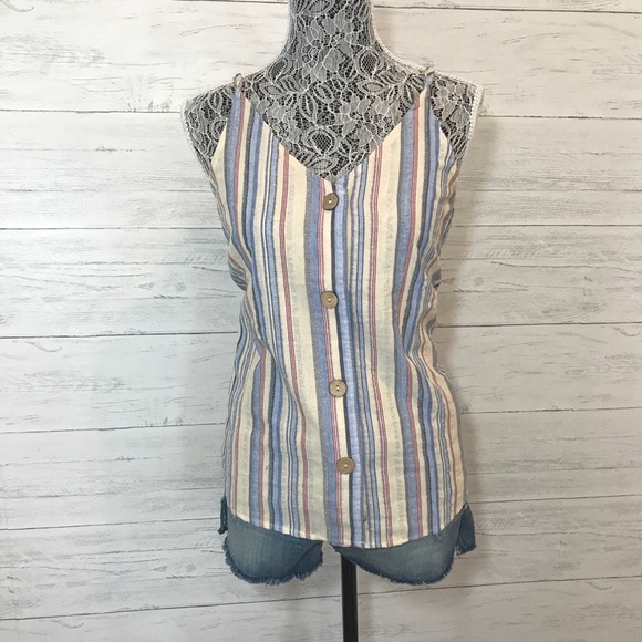 Striped V-Neck Button down Tank Spaghetti Straps - Picture 2 of 8